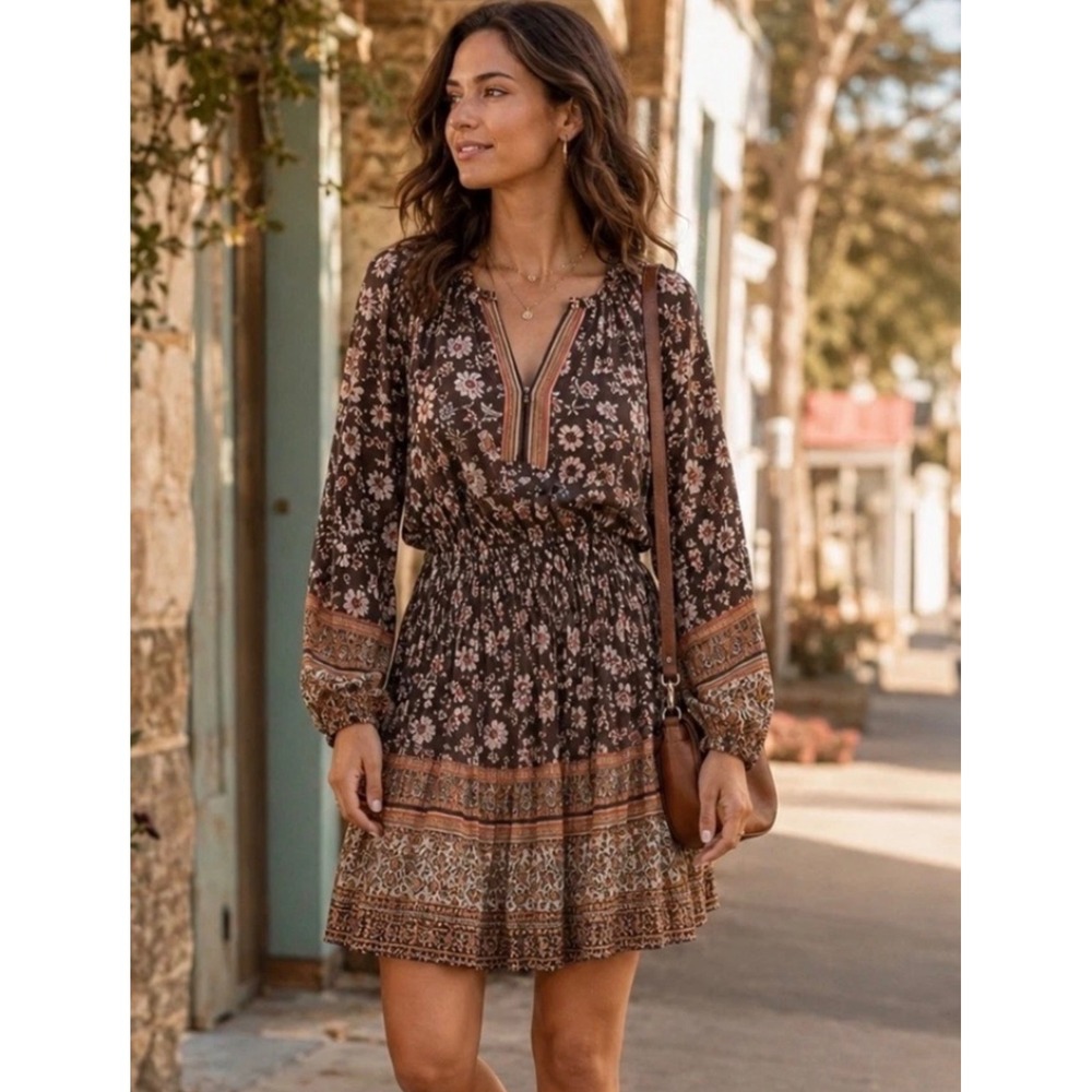 Current Air Anthropologie Alyce Floral Smocked Mini Dress Brown Pink XL NWT